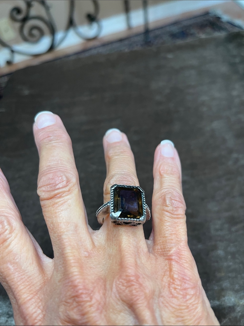 925 Sterling Silver Ring with Dark Smoky Rectangular Gemstone - Womenโs Brighton